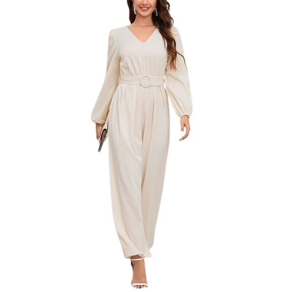Defitshape Women's V Neck Jumpsuit Wide Leg Jumpsuits & Rompers Dressy Fall Backless One Piece Long Sleeve Jumper Pantsuit Apricot Medium