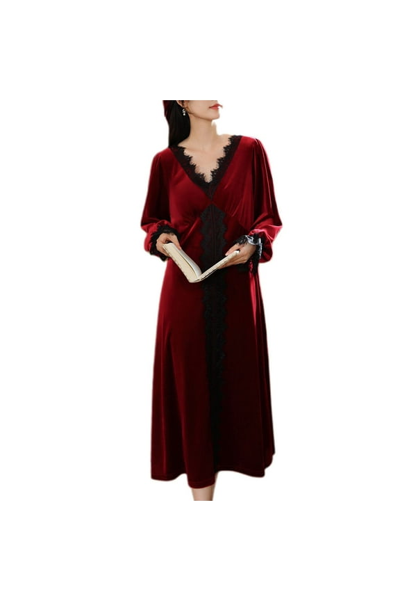 Women's Velvet Nightgown Warm Long Sleeve Pajamas Dress Soft V Neck Lace Winter Fall Vintage V Neck Cozy Sleep Gown Comfy Loungewear Burgundy Large