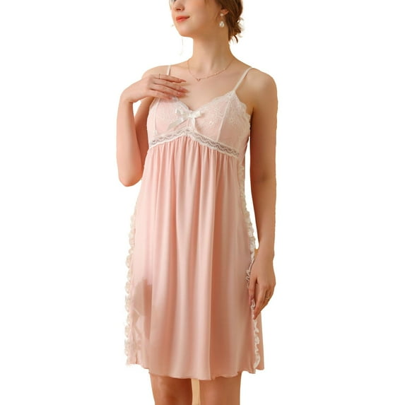 Defitshape Women's Victorian Chemise Spaghetti Strap Sleeveless Nightgown Summer Pjs Cute Vintage Cami Pajama Dress Soft V Neck Cool Thin Lace Night Gown w/ Built in Bras Pink Medium