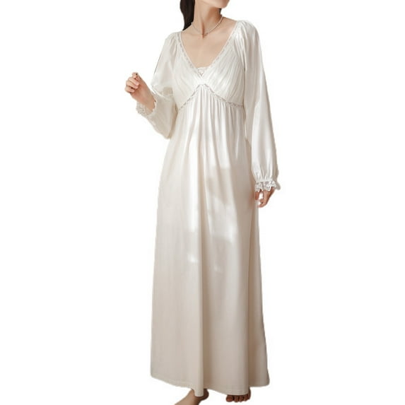 Defitshape Women's Victorian Night Gown Cotton Blend Nightgown Vintage Sleep Dress Long Sleeve V Neck Full-length White Medium