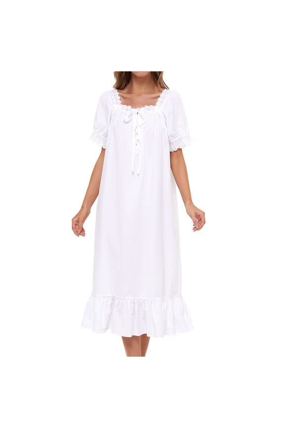 Women's Victorian Nightgown Cotton Night Gown Sleepwear Long Lounge Short Sleeve Soft Nightwear Night Dress Sleep Dress Calf Length Ruffle Nightdress Scoop Neck Lace White XX-Large