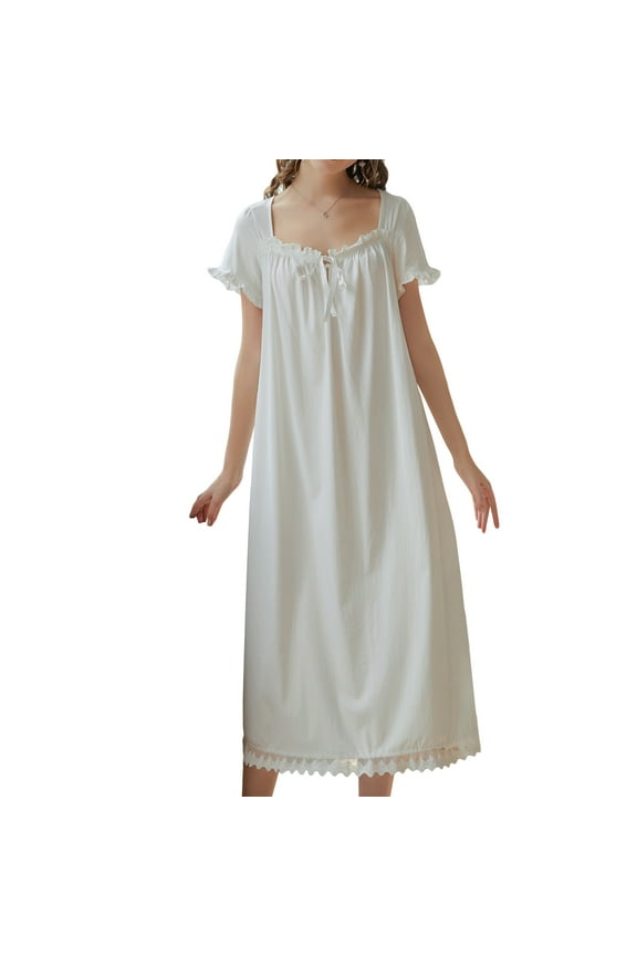 Women's Victorian Nightgown Cotton Princess Sleepwear Short Sleeve Long Loungewear Vintage Summer Loose Ruffle Nightwear Pajama Pj Night Sleep Dress Gown White X-Large