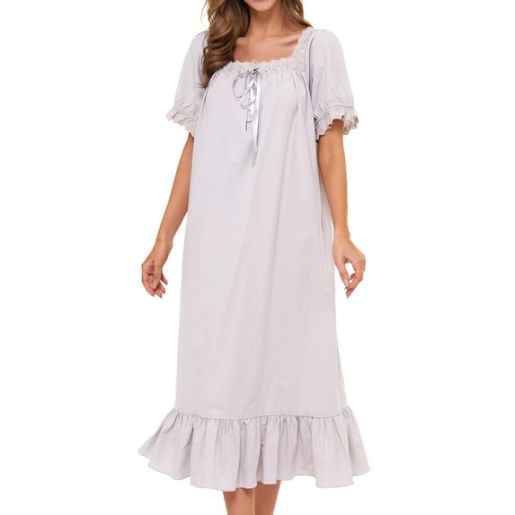 Defitshape Women's Victorian Nightgown Cotton Sleepwear Long Lounge Short Sleeve Soft Nightwear Night Dress Sleep Calf Length Ruffle Nightdress Scoop Neck Lace Solid Grey XX-Large