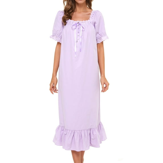Defitshape Women's Victorian Nightgown Cotton Sleepwear Long Lounge Short Sleeve Soft Nightwear Night Dress Sleep Calf Length Ruffle Nightdress Scoop Neck Lace Solid Purple Medium