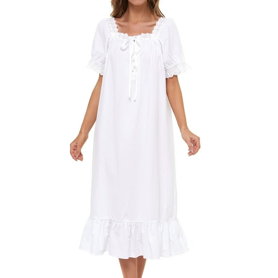 Defitshape Women's Victorian Nightgown Cotton Sleepwear Long Lounge Short Sleeve Soft Nightwear Night Dress Sleep Calf Length Ruffle Nightdress Scoop Neck Lace Solid White Medium