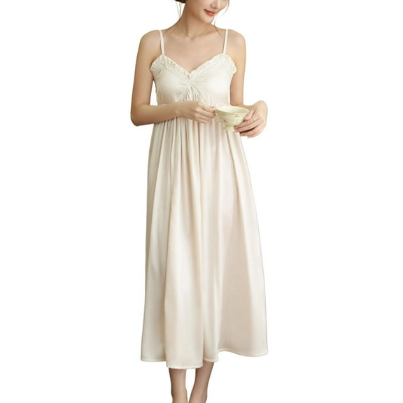 Defitshape Women's Victorian Nightgown Elastic Band Padded Lounge Dress Lingerie Chemise Slip Deep V Neck Vintage Princess Old Fashioned Lounge Dress champagne Large