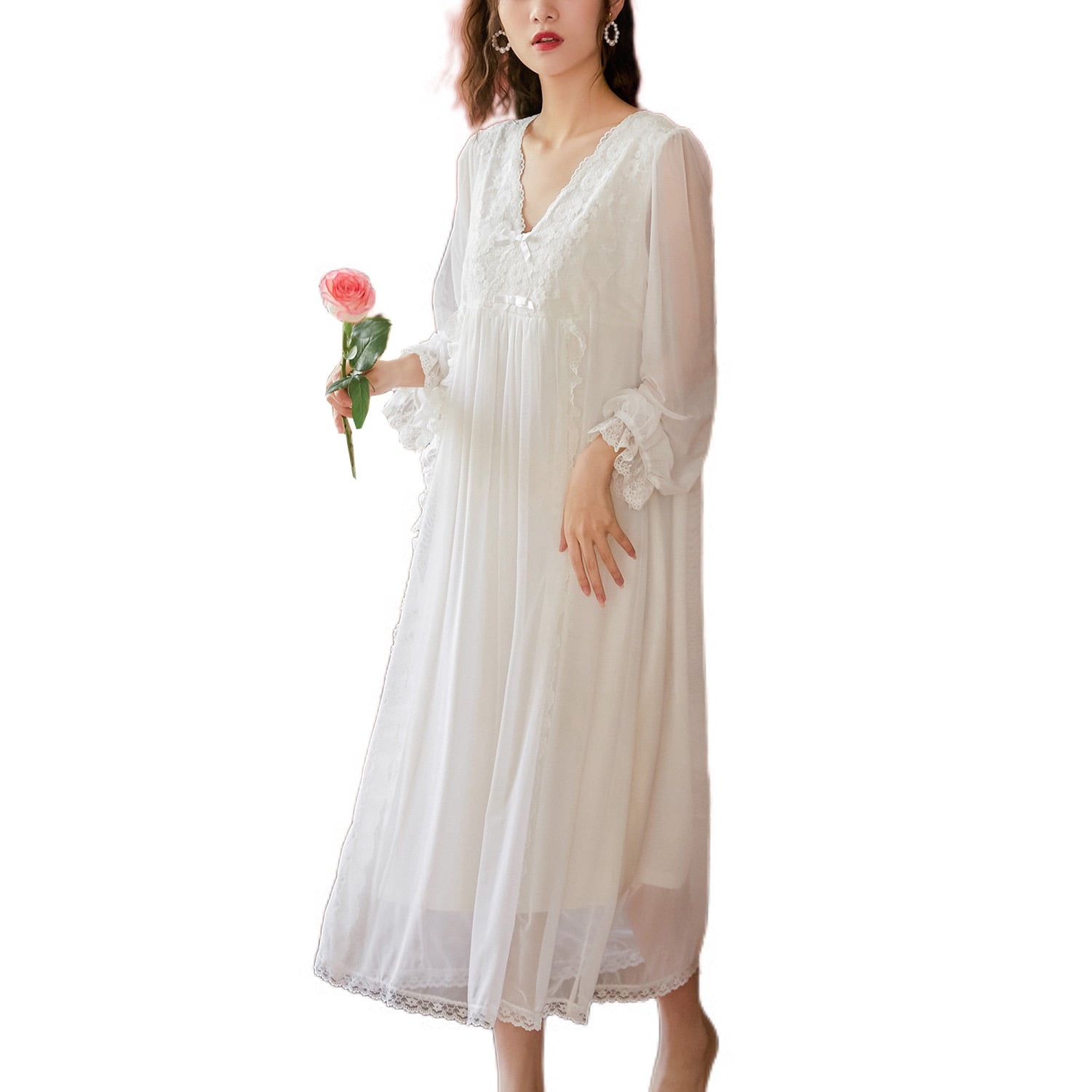 Defitshape Women's Victorian Nightgown Ladies Soft Overlay Floral Lace ...