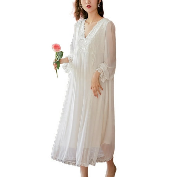 Defitshape Women's Victorian Nightgown Ladies Soft Overlay Floral Lace V Neck Long Sleep Shirt Old Fashioned Vintage Illusion Bishop Long Sleeve Pajama Dress Princess Sleepwear White X-Large