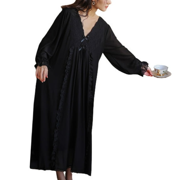 Defitshape Women's Victorian Nightgown Ladies Soft Overlay Floral Lace V Neck Long Sleep Shirt Old Fashioned Vintage Illusion Bishop Long Sleeve Pajama Dress Princess Sleepwear Black Medium