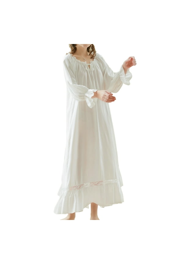 Defitshape Women's Victorian Nightgown Ruffle Cotton Long Sleeve Square Neck Sleep Dress Lounge Pleated Lace Maxi Nightwear Vintage Princess Nightdress White Large
