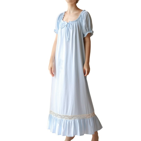 Defitshape Women's Victorian Vintage Nightgown Princess Nightdress Ruffle Cotton Sleep Dress Short Sleeve Square Neck Lounge Pleated Lace Maxi Nightwear Blue X-Large