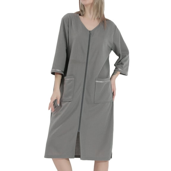 Defitshape Women's Waffle Robe Lightweight Zip Up Bathrobe Zipper Housecoat Duster Robe Casual House Coat Nightgown 3/4 Sleeve Housedress Side Split Pockets Grey Medium