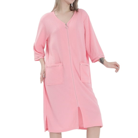 Defitshape Women's Waffle Robe Zip Up House Dress Bathrobe Duster Lightweight Nightgown Zipper Housecoat House Coat 3/4 Sleeve Housedress Side Split Pocket Pink Large