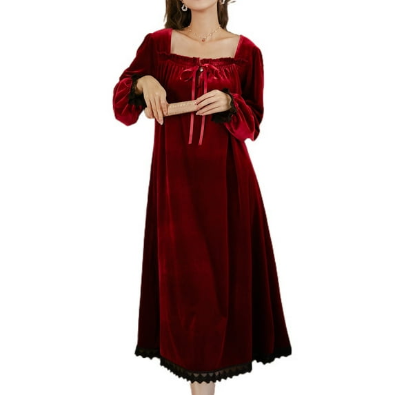 Defitshape Women's Warm Long Sleeve Nightgown Tea Length NightdressVelvet Sleep Dress Vintage Lace Pleated Burgundy Medium