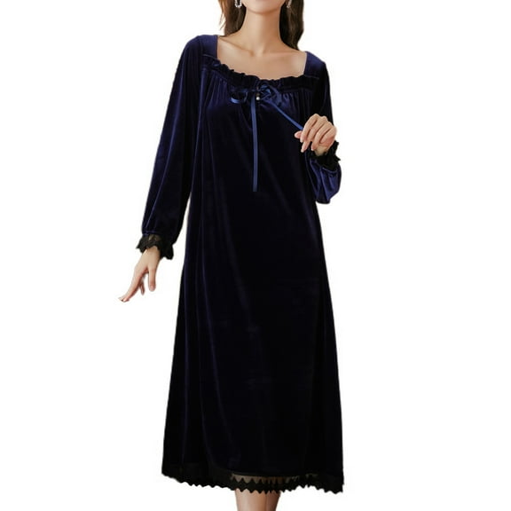Defitshape Women's Warm Long Sleeve Nightgown Tea Length NightdressVelvet Sleep Dress Vintage Lace Pleated Navy Medium