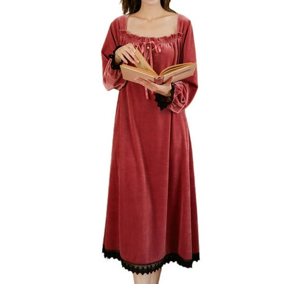 Defitshape Women's Warm Long Sleeve Nightgown Tea Length NightdressVelvet Sleep Dress Vintage Lace Pleated Pink Medium