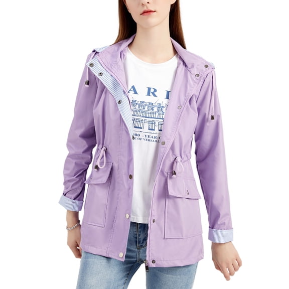 Defitshape Women's Waterproof Rain Jacket Hooded Raincoat Lightweight Military Anorak Long Spring Winter Zip Up Full Zip Windproof Outerwear Purple Large