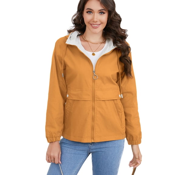 Defitshape Women's Waterproof Raincoat Slim Fit Spring Fall Top Lightweight Rain Jacket Hooded Windbreaker Long Sleeve Zip Up Short Anorak Jacket w/ Pockets for Outdoor Golden 8-10