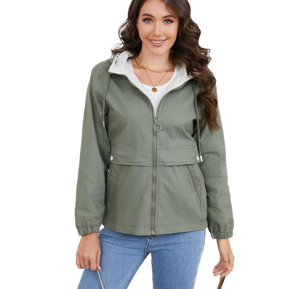 Defitshape Women's Waterproof Raincoat Slim Fit Spring Fall Top Lightweight Rain Jacket Hooded Windbreaker Long Sleeve Zip Up Short Anorak Jacket w/ Pockets for Outdoor Light Green 8-10