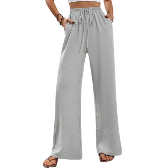 Defitshape Women's Wide Leg Pants Lounge Casual Trousers Long Casual Elastic Waist High Waisted Fall Palazzo Pants Grey Medium