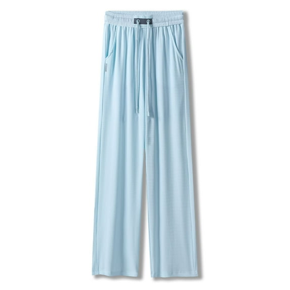 Defitshape Women's Wide Leg Trousers Palazzo Pants Casual Summer Lounge Soft Elastic Waist Casual Pants Light Blue 4-6