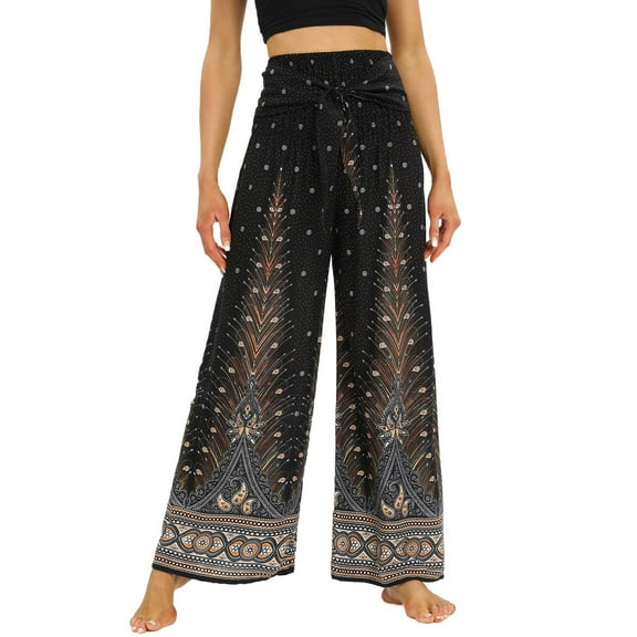 Defitshape Women's Yoga Boho Pants Wide Leg Boho Bohemian Pants Long Soft Palazzo Summer Pleated Lightweight Style1 Small-Large