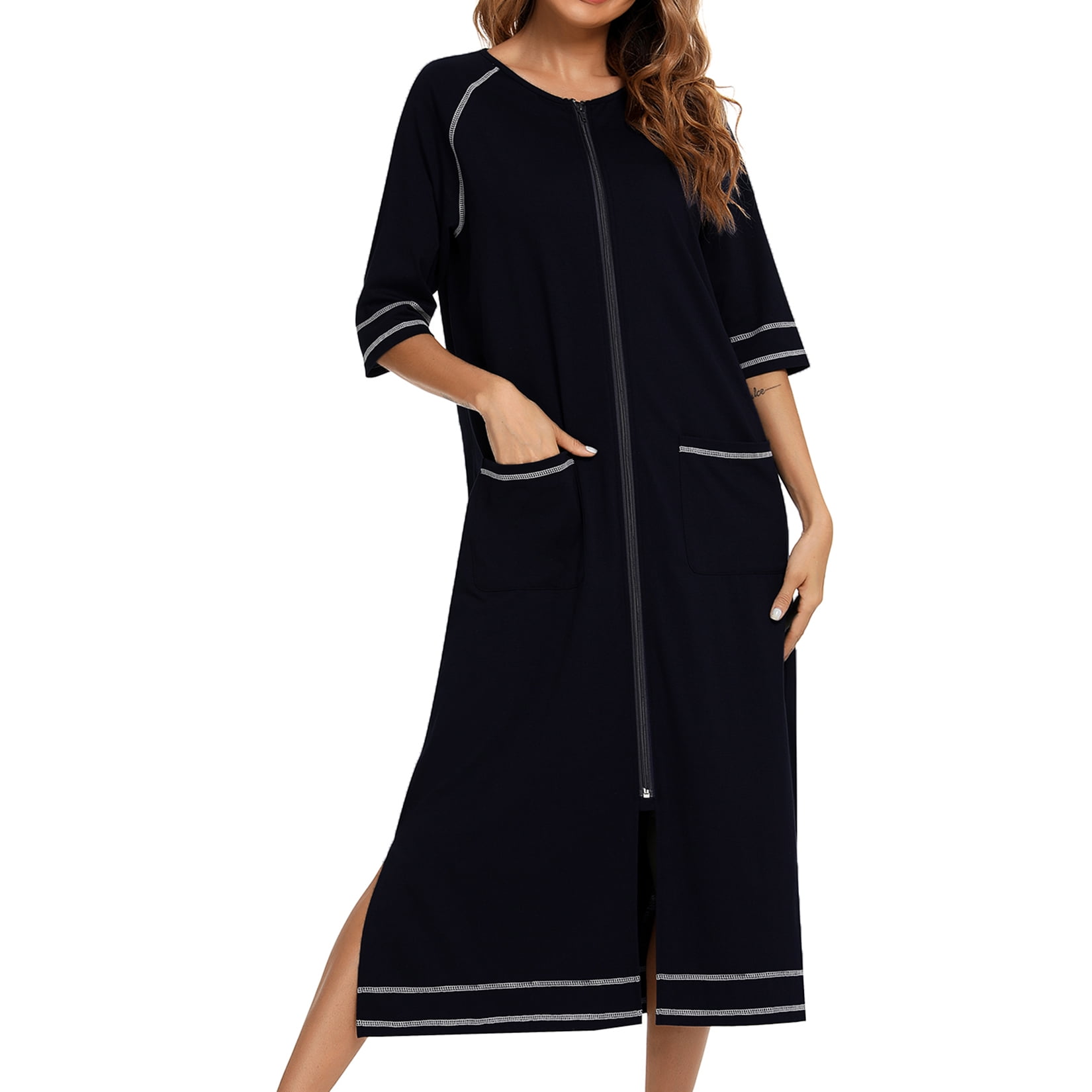 Defitshape Women's Zip Up Bathrobe Half Sleeve Long House Coat Full Zipper Robes Maternity Breastfeeding Housecoat Duster with Pockets Lightweight Nightgown Black Large