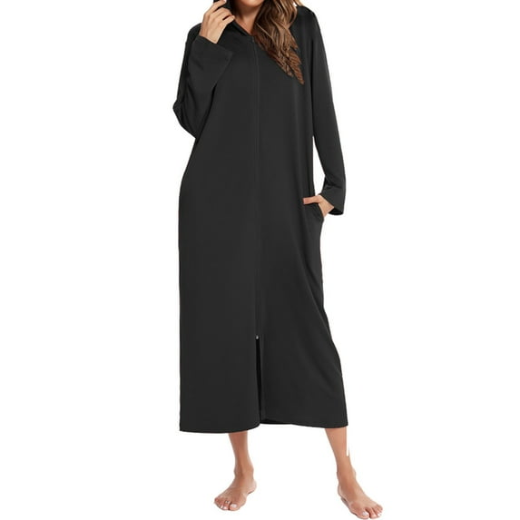 Defitshape Women's Zip Up Hoodie House Coat Long Robe Pocket Long Sleeve Full Length Housecoat Soft Bathrobe Zipper Black Small