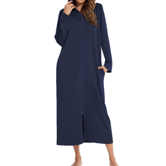 Defitshape Women's Zip Up Hoodie House Coat Long Robe Pocket Long Sleeve Full Length Housecoat Soft Bathrobe Zipper Navy Large