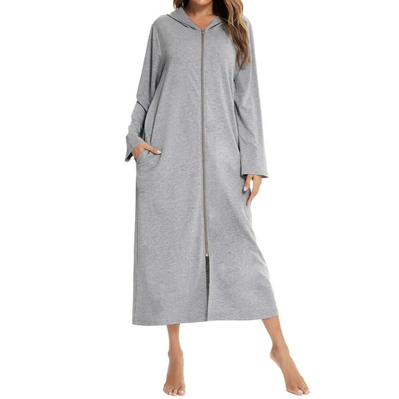 Defitshape Women's Zipper Front Robe Full Length Hooded Bathrobe Zip Up House Coat Zippered Duster Robe Solid Housecoat Sleepwear w/ Pockets Grey Small