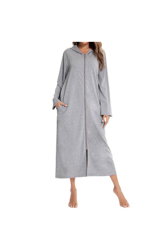 Women's Zipper&nbsp;Front Robe Full Length Hooded Bathrobe Zip Up House Coat Zippered Duster Robe Solid Housecoat Sleepwear w/ Pockets Grey XX-Large