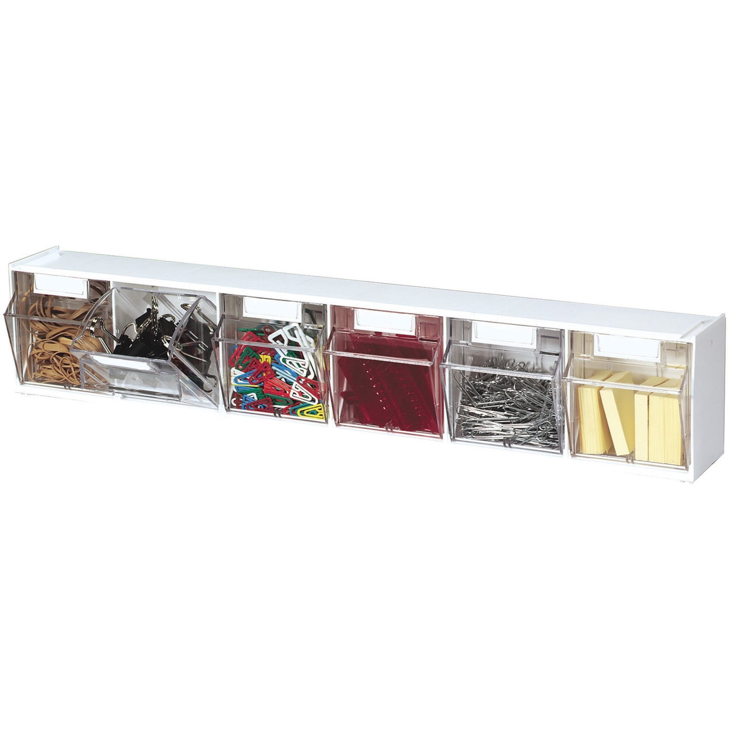 White Modular Interlocking Tilt Bin Storage System with Clear Bins