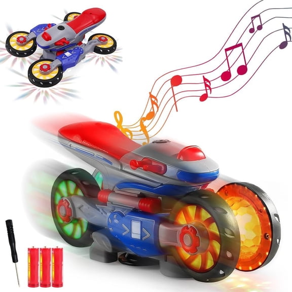 Deformation Motorcycle with Light and Music,360° Stunt Rotating Deformation Motorcycle,Electric Light and Music Deformation Motorcycle,LED Rechargeable Battery Toys Gift for Birthday Christmas