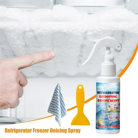 Defroster Spray for Refrigerator Freezer, Ice Melt Cleaner Food Safe, Quick Thaw Solution with Scraper and Rag, 120ml Bottle Efficient Deicer
