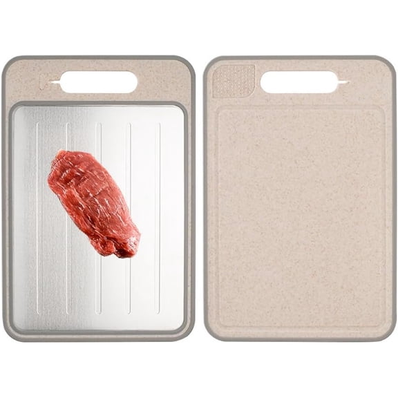 Defrosting Tray 12 * 8 Inch, 4-in-1 Fast Defrosting Plate, Multi-Functional Double Sided Cutting Board, Aluminium Thawing Tray for Thawing Frozen Meat and Food, Natural Thawing, Safe, Khaki