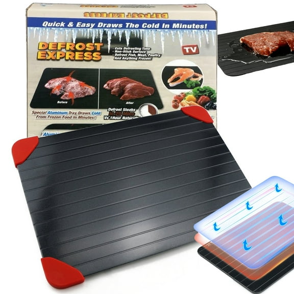 "Asunby Aluminum Microwave Defrosting Tray for Frozen Meat, 14"" x 8"", Rubber Corner Design"