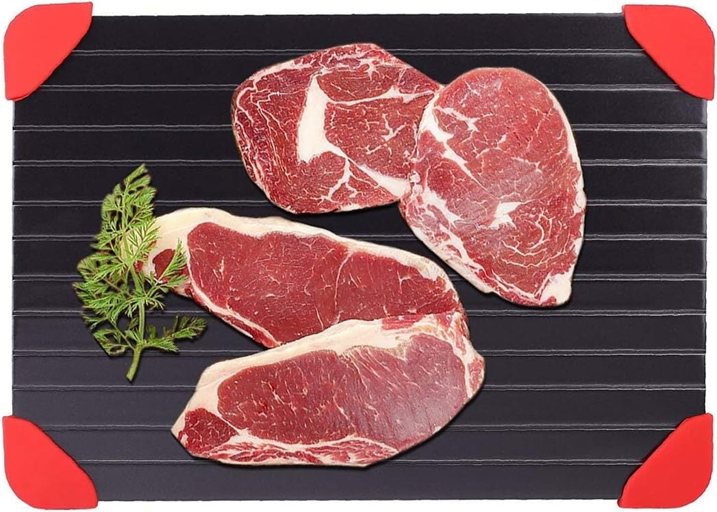 Defrosting Tray for Frozen Meat Claw Food,14" x 8" Large Rapid Thawing Tray,Natural Fast and Magic Defroster Board,Rubber on Corners,Miracle Quick Defroster Plate,Lock Nutrition,Black