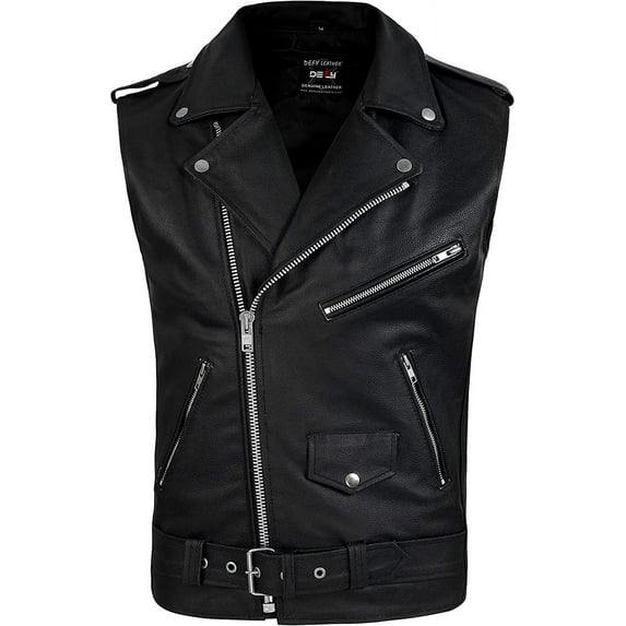 Defy Leather Motorbike Vest, Biker Style Vest - Jacket with Inner Pockets, Black, 4XL