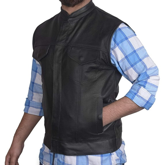Defy SOA Cowhide Leather Vest, Biker Collar Style Jacket with Pockets, Black, 5XL