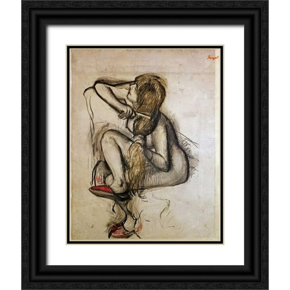 Degas, Edgar 26x32 Black Ornate Wood Framed with Double Matting Museum Art Print Titled - Woman Combing Her Hair