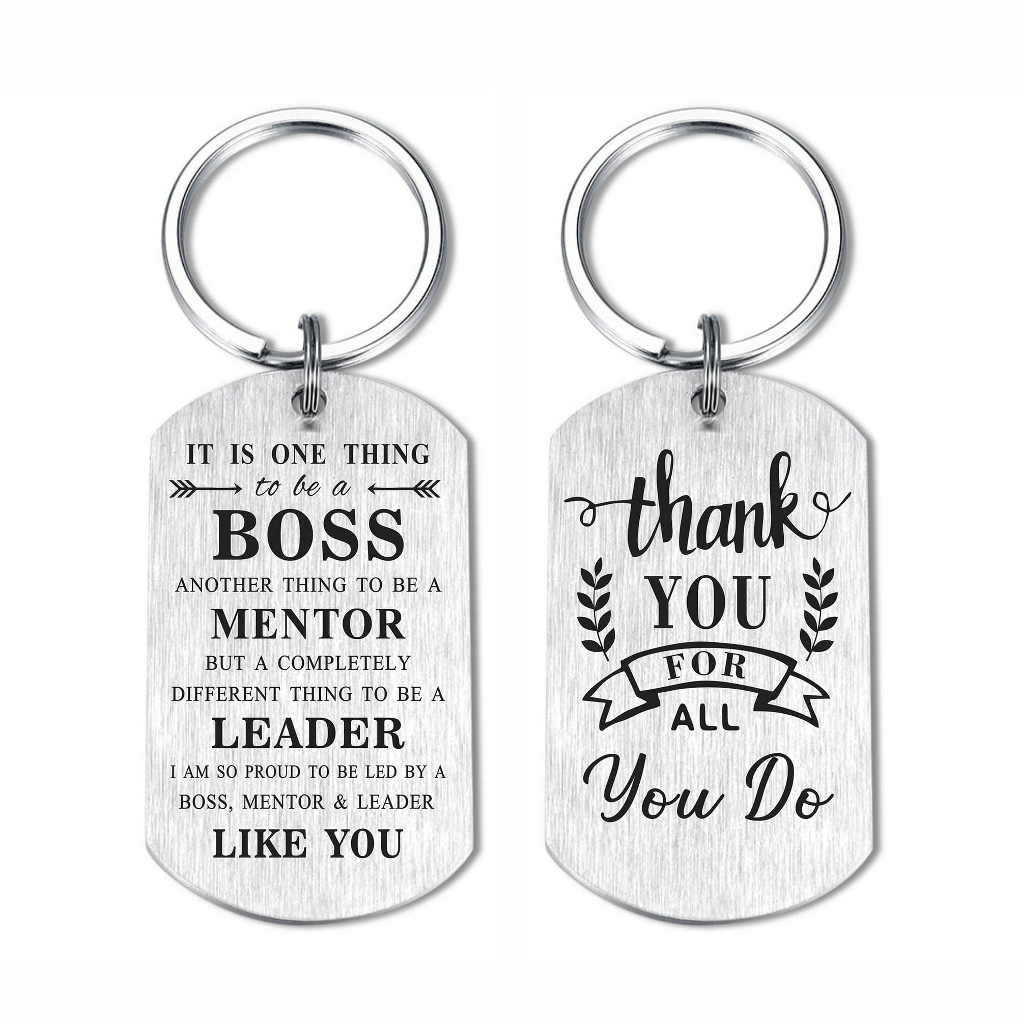 The front and back of a silver keychain with black text