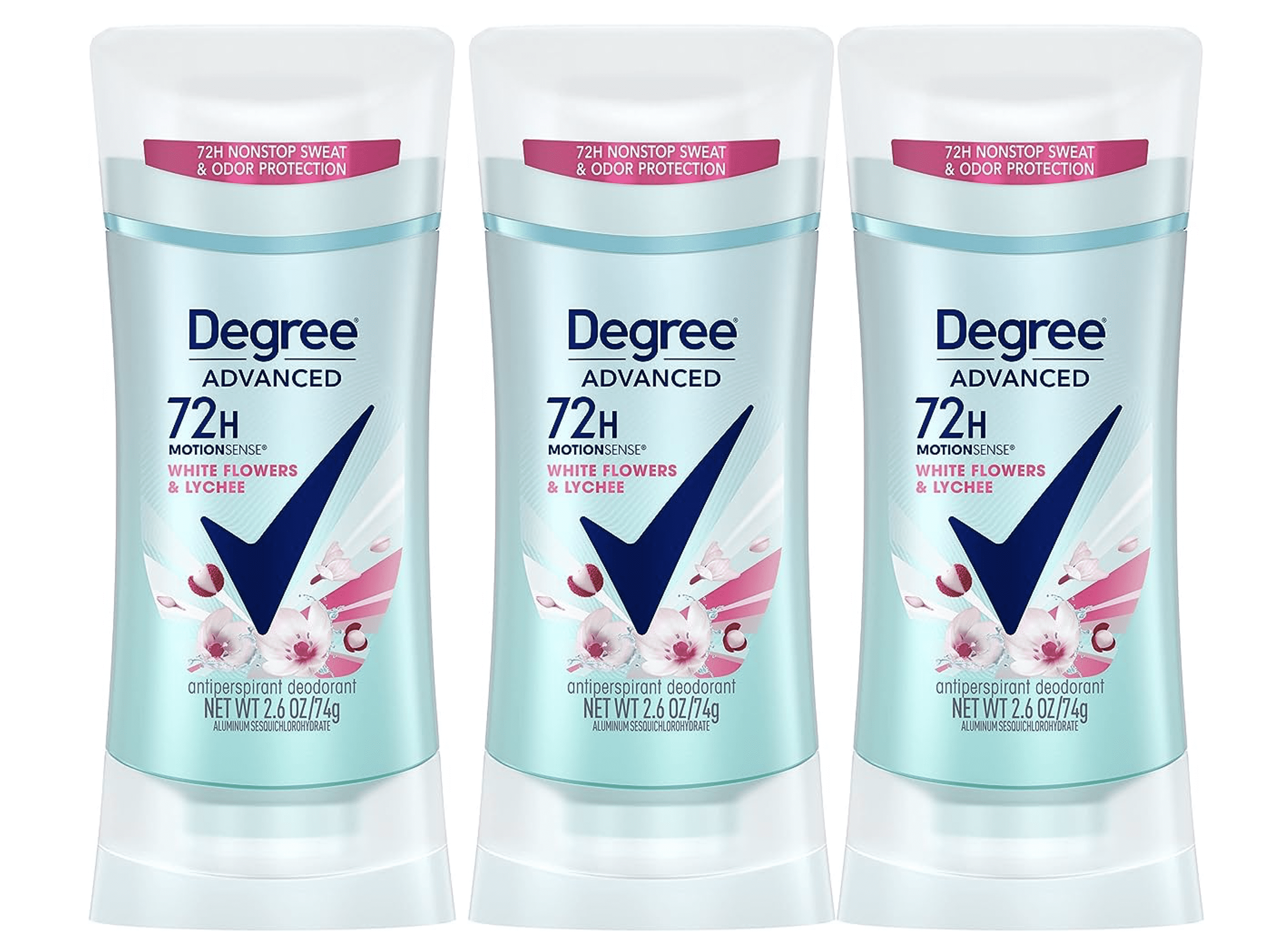 Degree Advanced Antiperspirant Deodorant 72-Hour Sweat & Odor Protection White Flowers & Lychee Antiperspirant for Women with MotionSense Technology 2.6 oz PACK OF 3