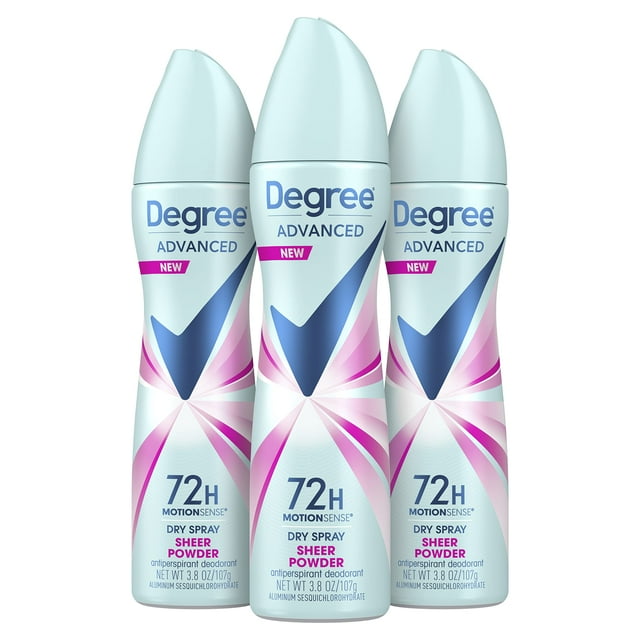 Degree Advanced Antiperspirant Deodorant Dry Spray 72-Hour Sweat and Odor Protection Sheer Powder Deodorant Spray For Women With MotionSense Technology 3.8 oz, Pack of 3