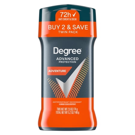 Degree Men Antiperspirant Deodorant 72-Hour Sweat and Odor Protection Adventure Antiperspirant for Men with Body Heat Activated Technology, 2.6 oz Twin Pack
