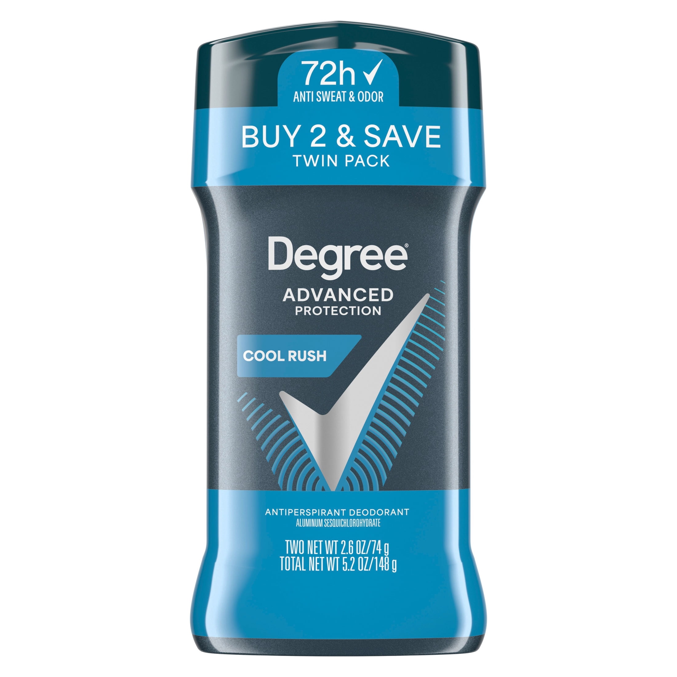 Degree Men Antiperspirant Deodorant 72-Hour Sweat and Odor Protection Cool Rush Antiperspirant For Men With Body Heat Activated Technology, 2.6 oz Twin Pack