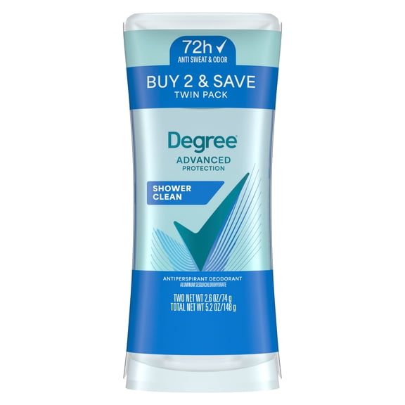 Degree Advanced Antiperspirant Deodorant Sweat & Odor Protection Shower Clean 72-Hour Anti Sweat and Odor Protection, 2.6 oz Twin Pack