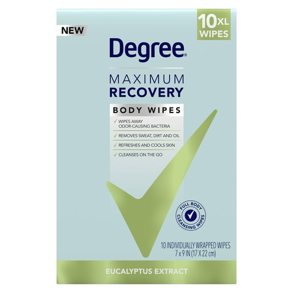 Degree Maximum Recovery Body Wipes Eucalyptus Extract, 1 Box, 10 Count