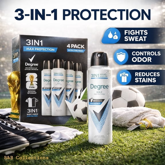 Degree Men Max Protection Antiperspirant Deodorant Spray, 3-in-1 Protection (Sweat, Odor & Stain), Extra Time Fresh Scent, 4 Pack