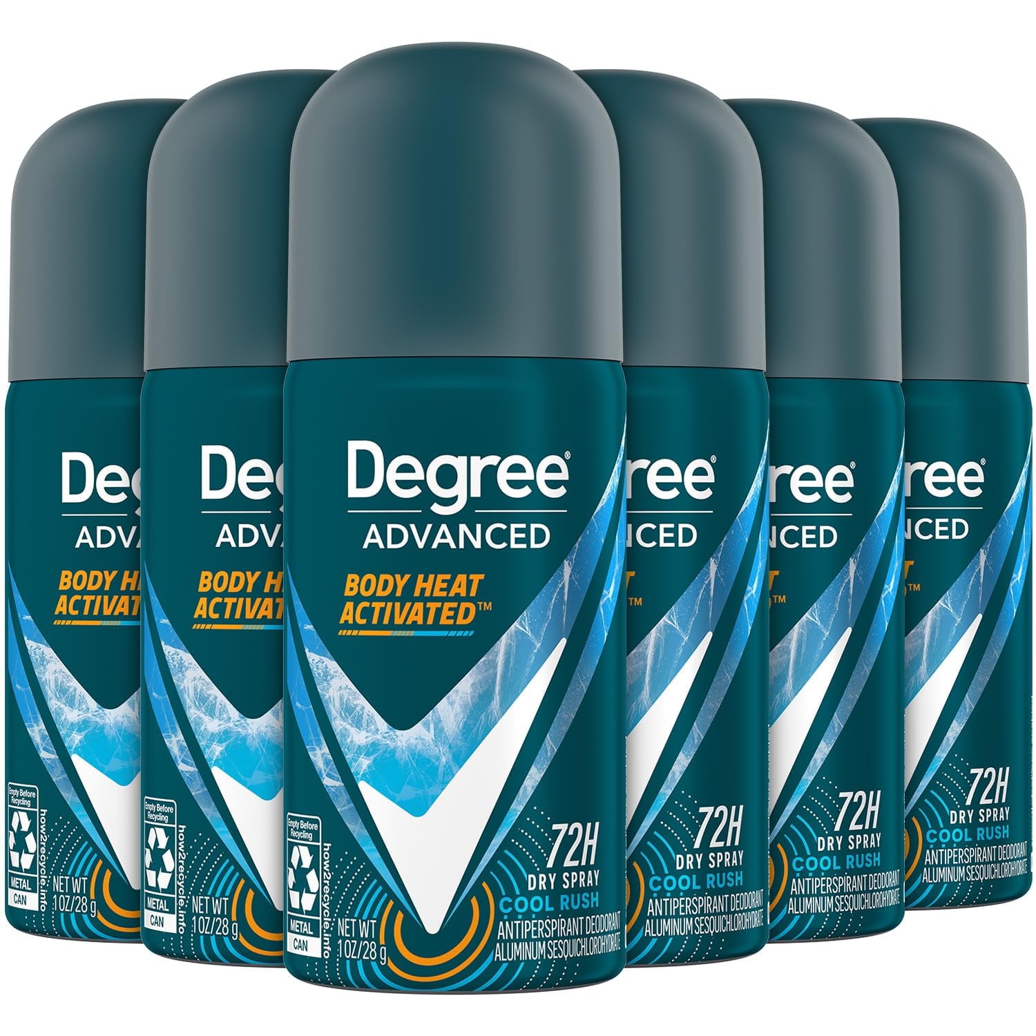Degree Mens Travel Deodorant Antiperspirant 6-Pack 72H Advanced Protection Dry Spray, Cool Rush Scent, 1 Oz Ea