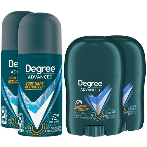 Degree Mens Travel Deodorant Antiperspirant Bundle Advanced Protection Mini Sticks and Dry Sprays, Cool Rush Scent (4 Piece Set)